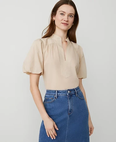 Ann Taylor Petite Puff Sleeve Popover Top Size XS Toasted Oat Women's