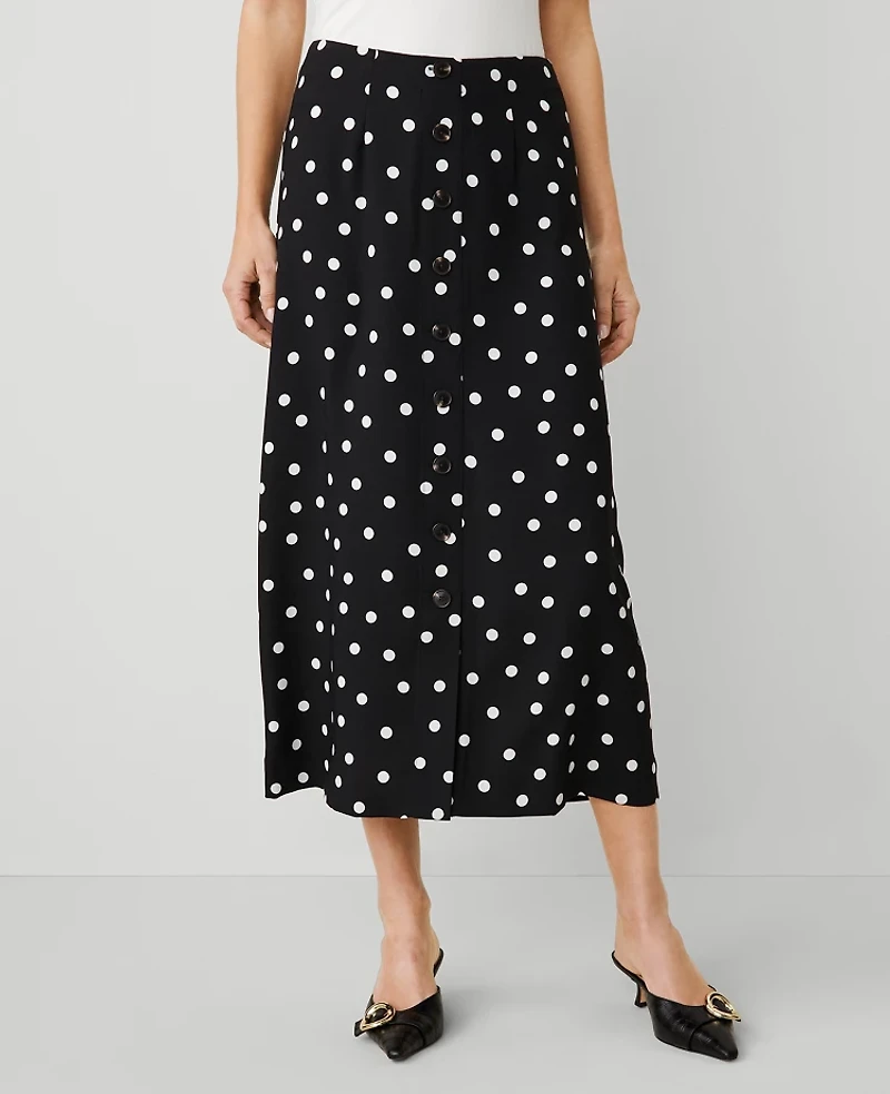 Ann Taylor Petite Dotted Crepe Button Midi Skirt Size 4 Black Women's