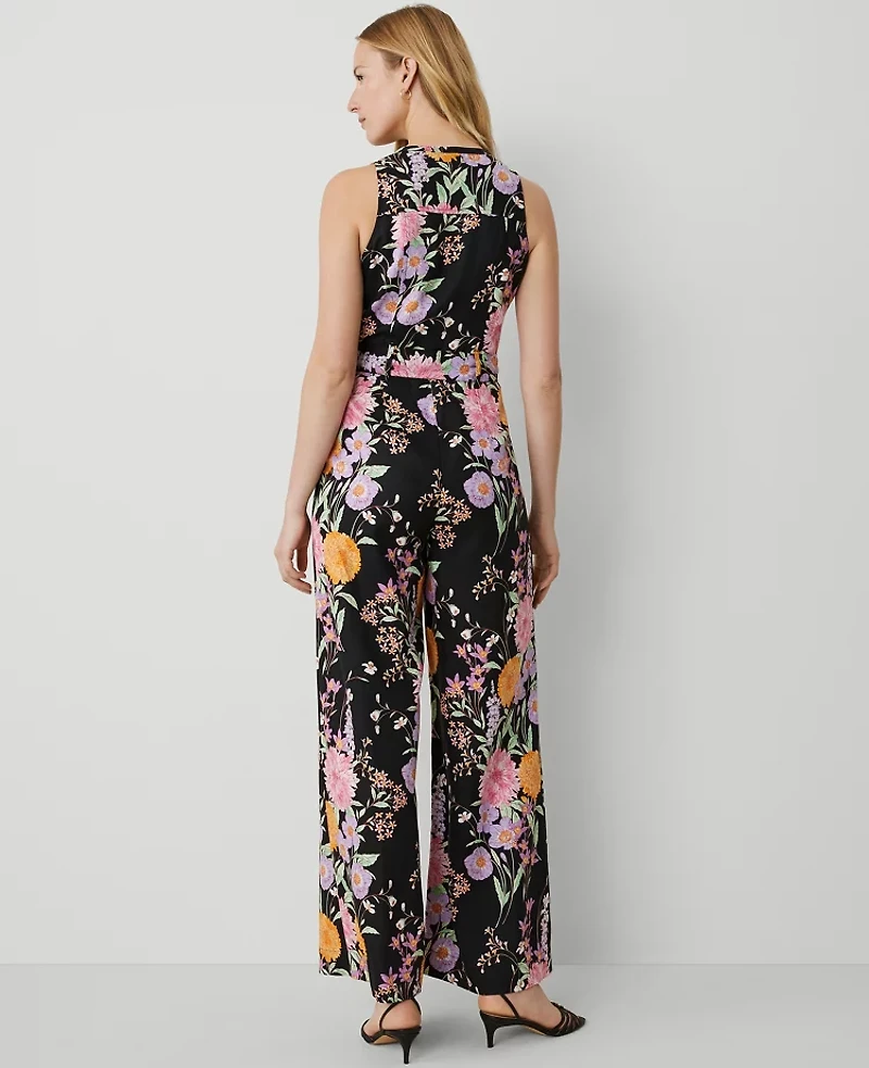 Ann Taylor Floral Belted Sleeveless Jumpsuit Size 12 Black B Women's