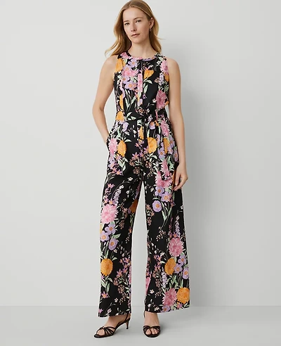 Ann Taylor Floral Belted Sleeveless Jumpsuit Size 12 Black B Women's