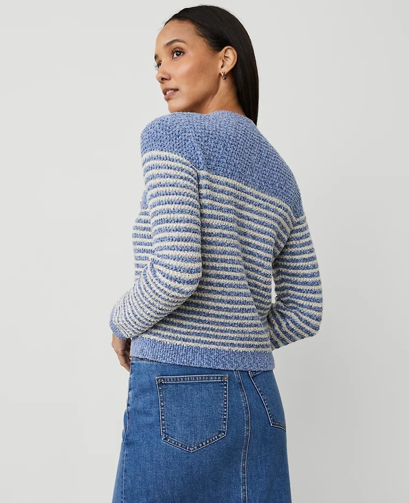 Ann Taylor Petite Denim Striped Sweater Jacket Blue Multi Women's
