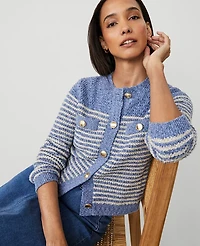 Ann Taylor Petite Denim Striped Sweater Jacket Blue Multi Women's
