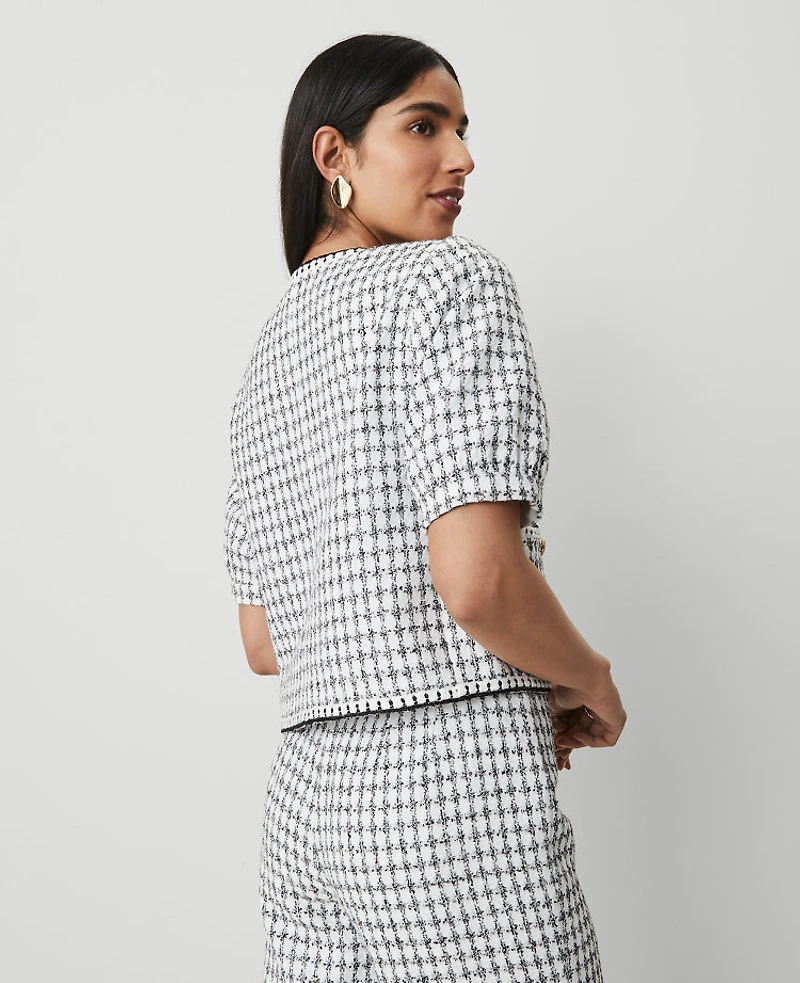 Ann Taylor Petite Gingham Tweed Puff Sleeve Jacket White/Black Multi Women's