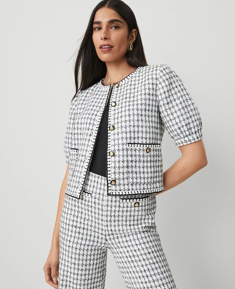 Ann Taylor Petite Gingham Tweed Puff Sleeve Jacket White/Black Multi Women's