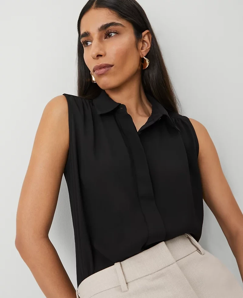 Ann Taylor Shirred Yoke Sleeveless Shirt Black Women's