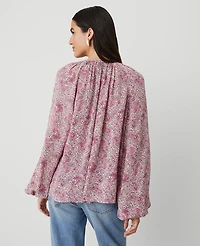 Ann Taylor Petite Floral Tie-Neck Ruffle Popover Top Size XS Winter White Women's
