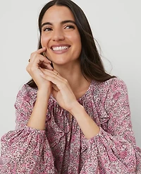 Ann Taylor Petite Floral Tie-Neck Ruffle Popover Top Size XS Winter White Women's