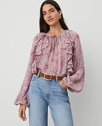 Ann Taylor Petite Floral Tie-Neck Ruffle Popover Top Size XS Winter White Women's