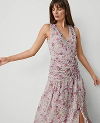 Ann Taylor Petite Floral Ruched Flare Dress Orchid Glow Women's