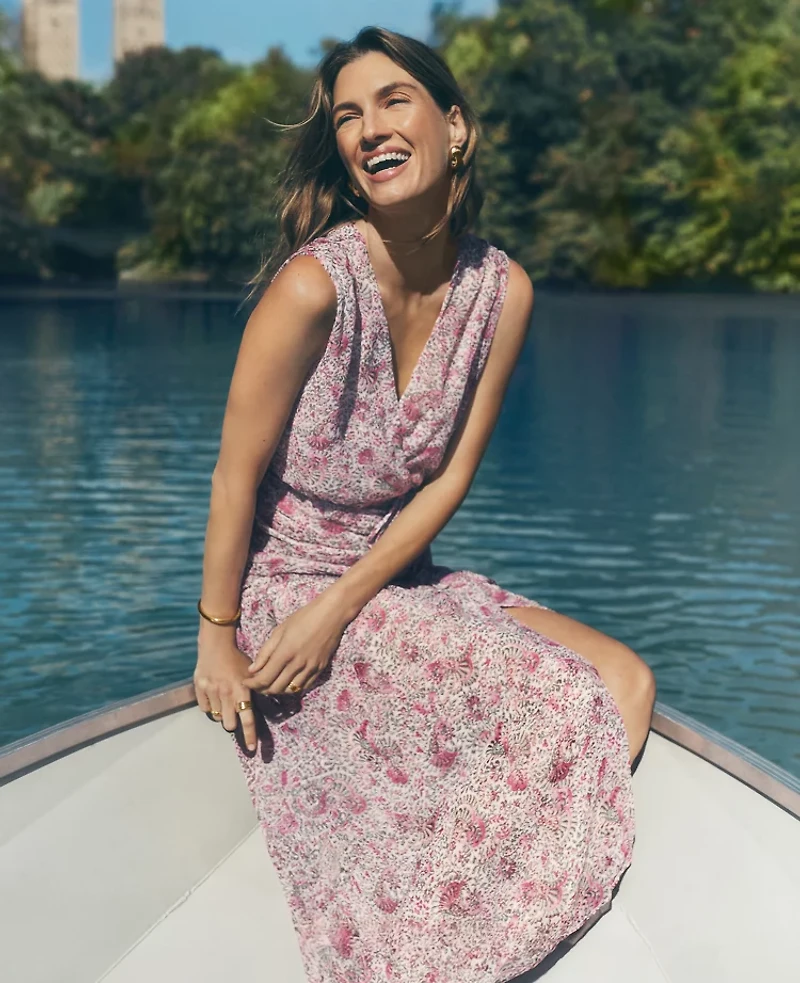 Ann Taylor Petite Floral Ruched Flare Dress Orchid Glow Women's