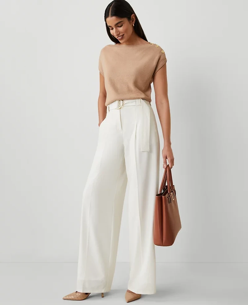 Ann Taylor The Petite Belted Wide-Leg Pant Winter White Women's
