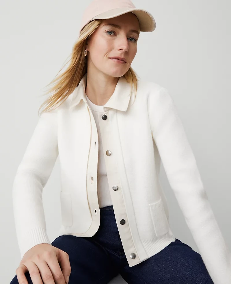 Ann Taylor Weekend Collection Denim Sweater Jacket Size XL Winter White Women's