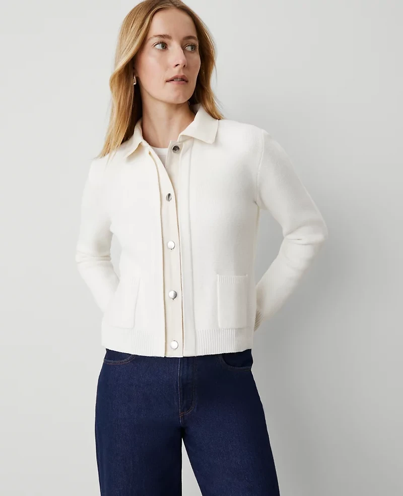 Ann Taylor Weekend Collection Denim Sweater Jacket Size XL Winter White Women's