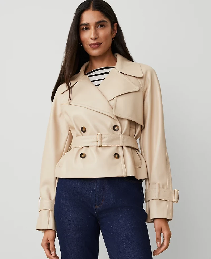 Ann Taylor Petite Faux Leather Cropped Trench Jacket Toasted Oat Women's