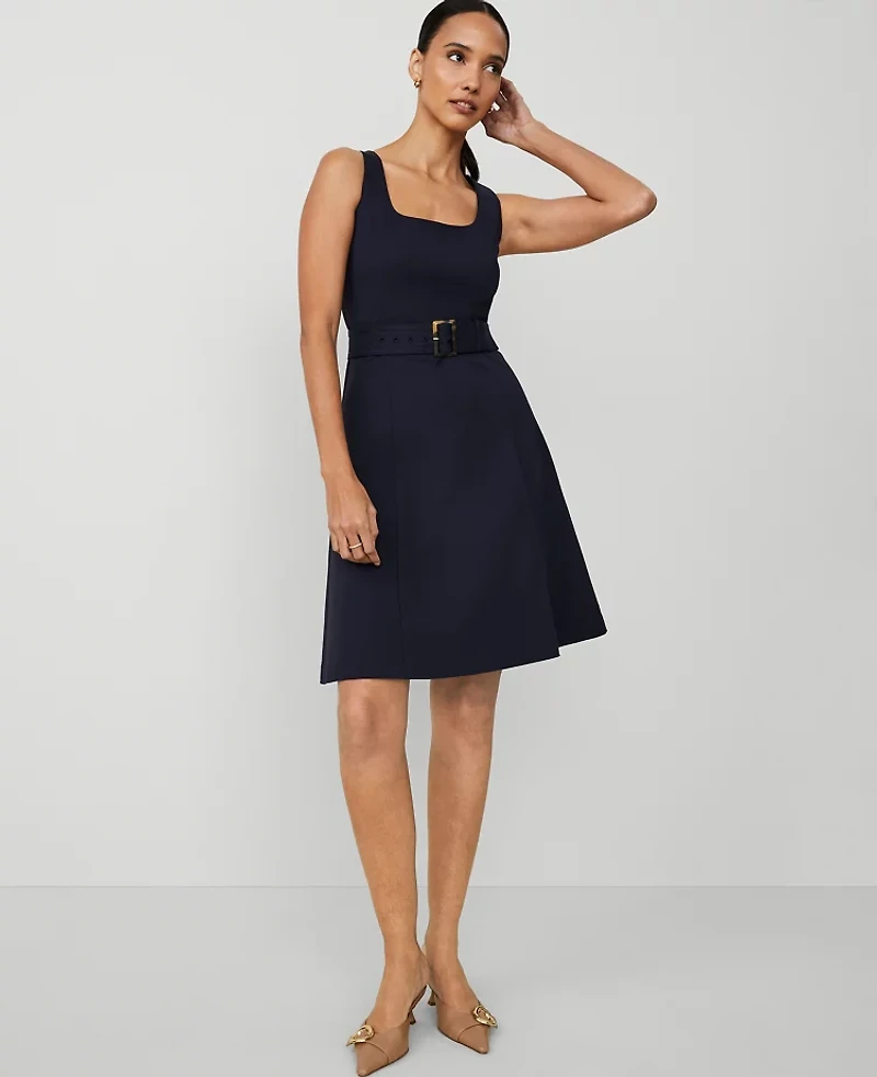 Ann Taylor The Petite Belted Flare Dress Stretch Cotton Night Sky Women's