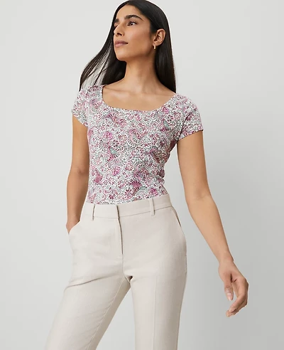 Ann Taylor Floral Square Neck T-Shirt Orchid Glow Women's