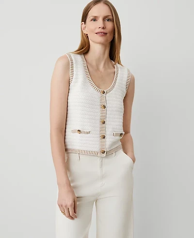 Ann Taylor Geo Stitch Sweater Vest Size XL Camel/White Combo Women's