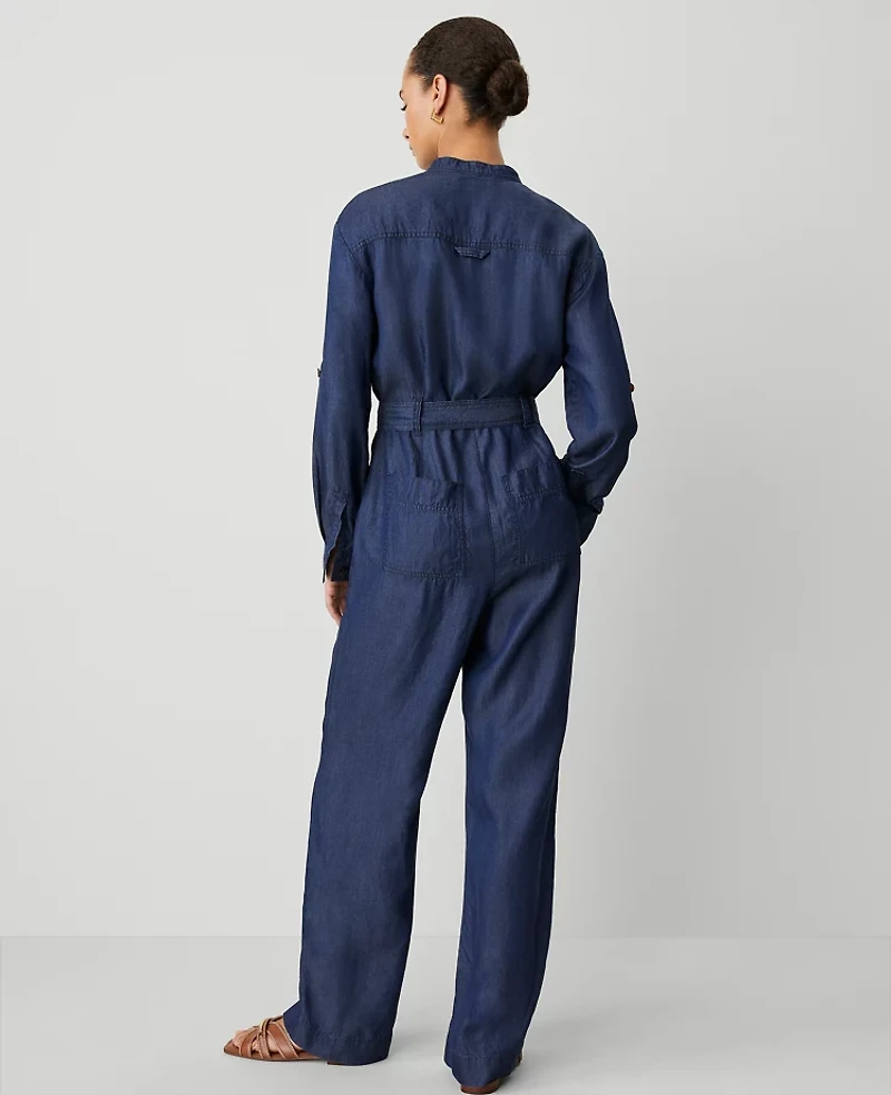 Ann Taylor Petite Weekend Collection Chambray Stand Collar Jumpsuit Size 2 Indigo Wash Women's