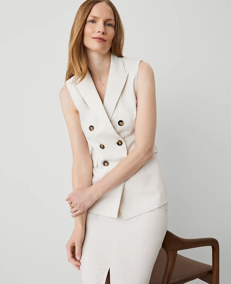 Ann Taylor The Petite Long Double Breasted Vest Tan Texture Women's