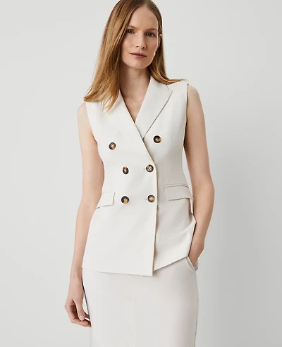 Ann Taylor The Petite Long Double Breasted Vest Tan Texture Women's