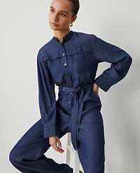 Ann Taylor Weekend Collection Chambray Stand Collar Jumpsuit Indigo Wash Women's
