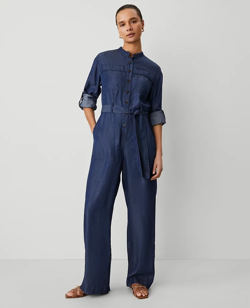Ann Taylor Weekend Collection Chambray Stand Collar Jumpsuit Indigo Wash Women's