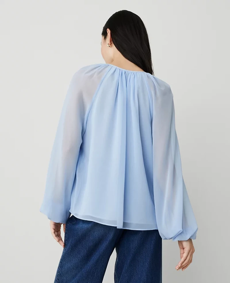 Ann Taylor Petite Ruffle Tie-Neck Popover Top Size XS Serenity Women's