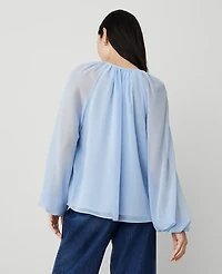 Ann Taylor Petite Ruffle Tie-Neck Popover Top Size XS Serenity Women's