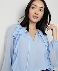 Ann Taylor Petite Ruffle Tie-Neck Popover Top Size XS Serenity Women's