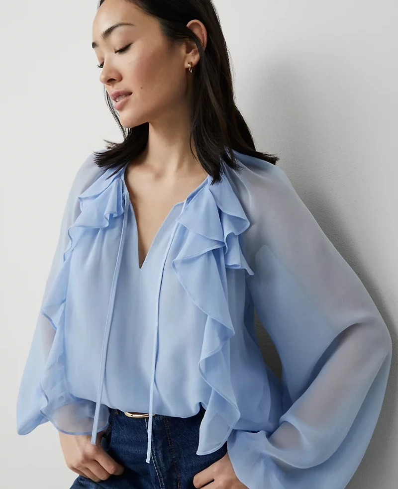 Ann Taylor Petite Ruffle Tie-Neck Popover Top Size XS Serenity Women's
