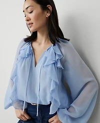 Ann Taylor Petite Ruffle Tie-Neck Popover Top Size XS Serenity Women's