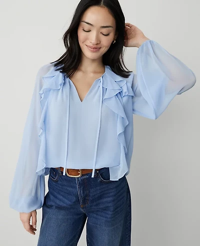 Ann Taylor Petite Ruffle Tie-Neck Popover Top Serenity Women's