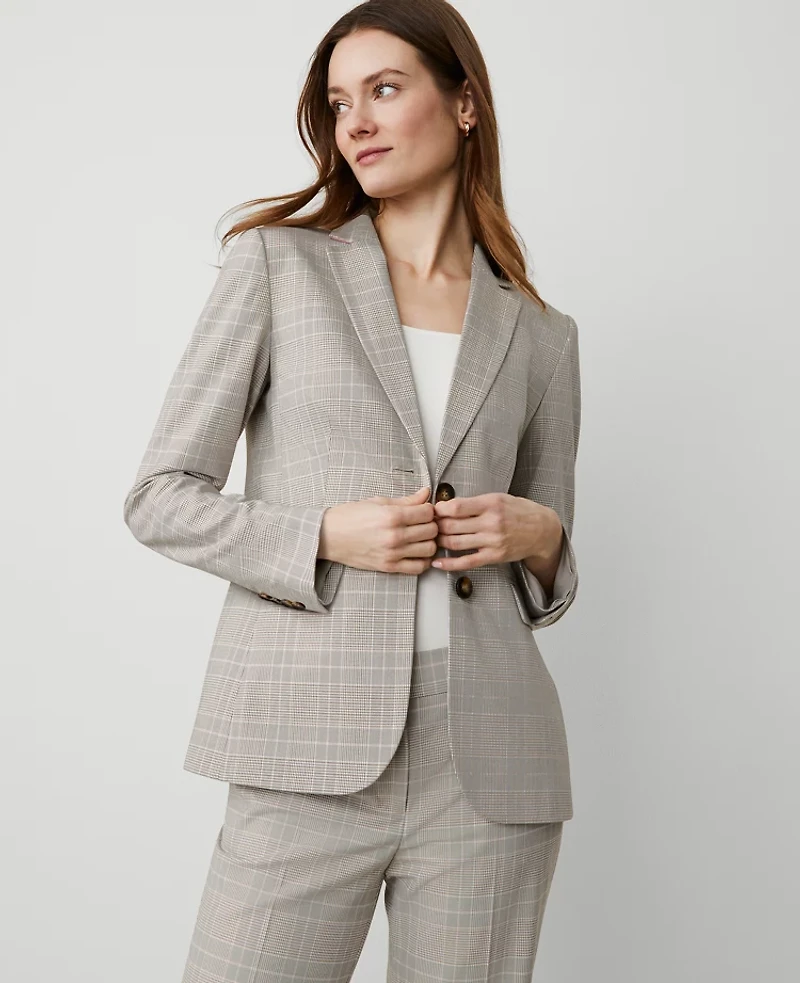 Ann Taylor The Petite Greenwich Blazer Plaid Cashew Beige Women's