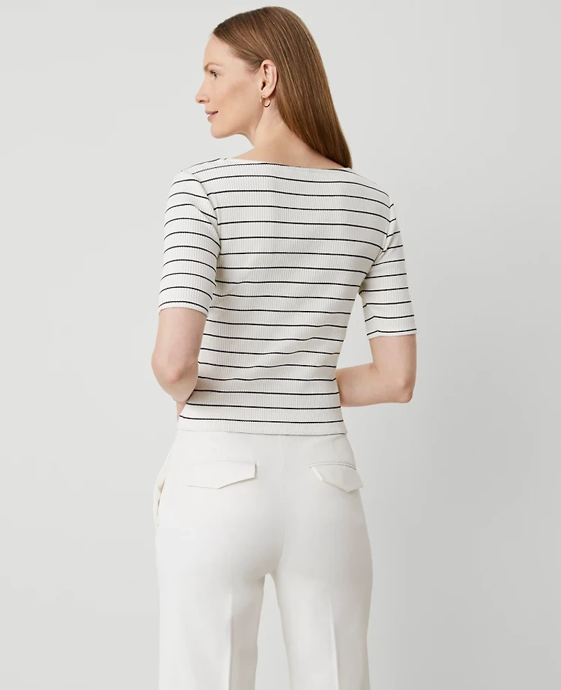 Ann Taylor Petite Striped Crossover Neck Top Winter White-Black Women's