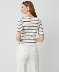 Ann Taylor Petite Striped Crossover Neck Top Winter White-Black Women's