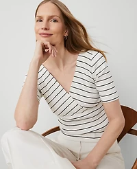 Ann Taylor Petite Striped Crossover Neck Top Winter White-Black Women's
