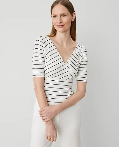 Ann Taylor Petite Striped Crossover Neck Top Winter White-Black Women's