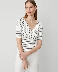 Ann Taylor Petite Striped Crossover Neck Top Winter White-Black Women's