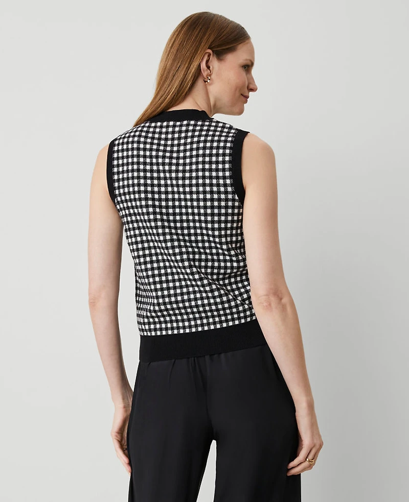 Ann Taylor Gingham Mock Neck Sweater Shell Top Black/White Combo Women's