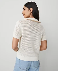 Ann Taylor Petite Contrast Trim Crochet-Collar T-Shirt Size Small Winter White Women's