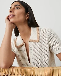 Ann Taylor Petite Contrast Trim Crochet-Collar T-Shirt Size Small Winter White Women's
