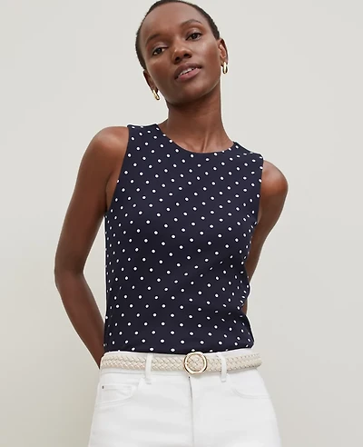 Ann Taylor Dotted Crew Neck Shell Top Size Medium Night Sky-White Women's