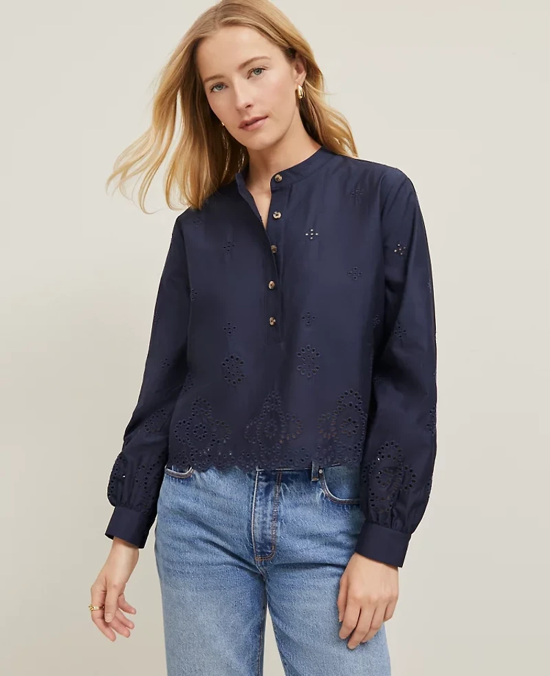 Ann Taylor Petite Scalloped Cutout Blouse Size Small Night Sky Women's