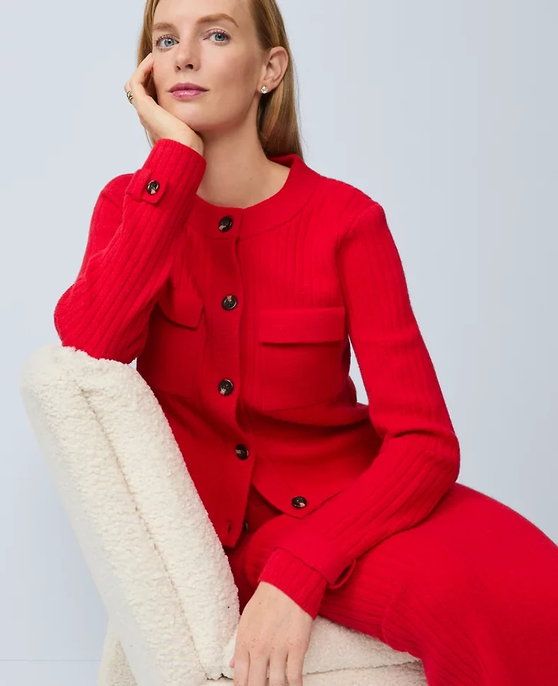 Ann Taylor Ribbed Sweater Jacket Iconic Red Women's