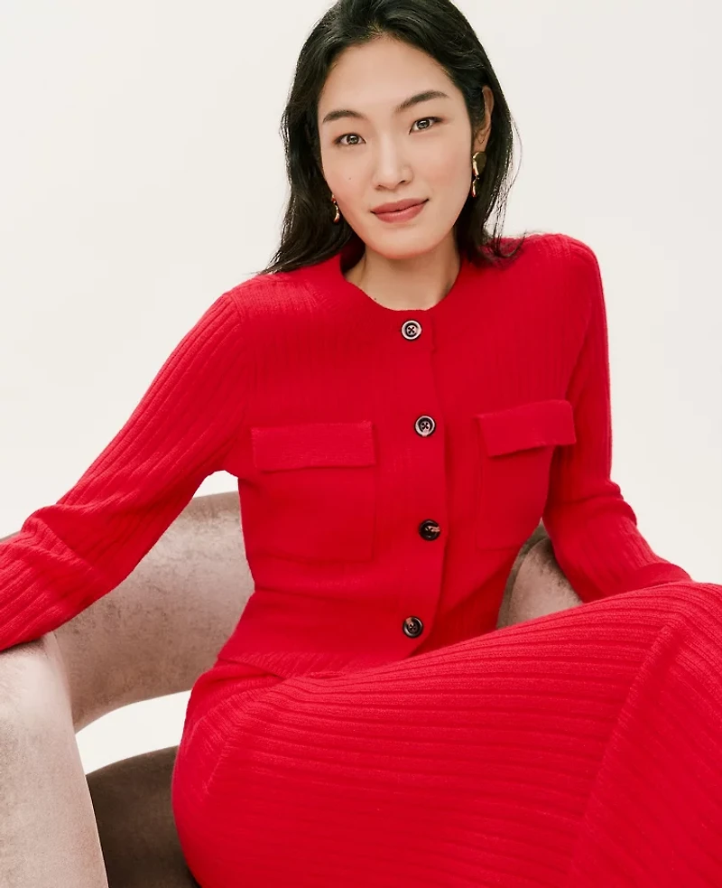 Ann Taylor Ribbed Sweater Jacket Iconic Red Women's