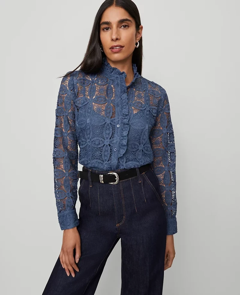 Ann Taylor Ruffle Collar Lace Blouse Women's