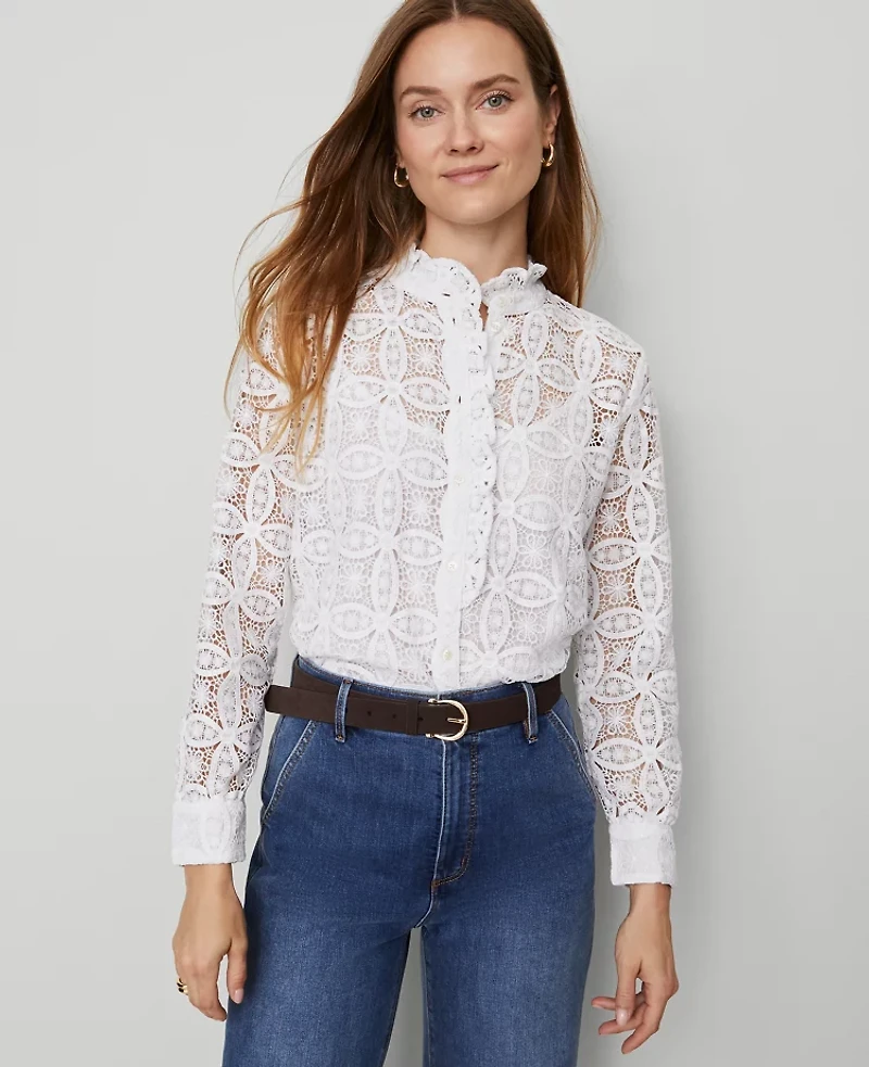 Ann Taylor Ruffle Collar Lace Blouse White Women's