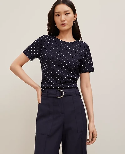Ann Taylor Dotted Crew Neck T-Shirt Night Sky-White Women's