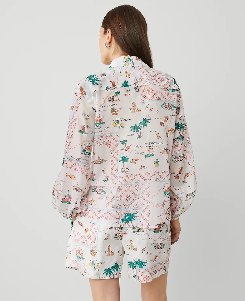 Ann Taylor Petite Map Print Blouson Sleeve Blouse Size 2XS Burnt Mauve Women's
