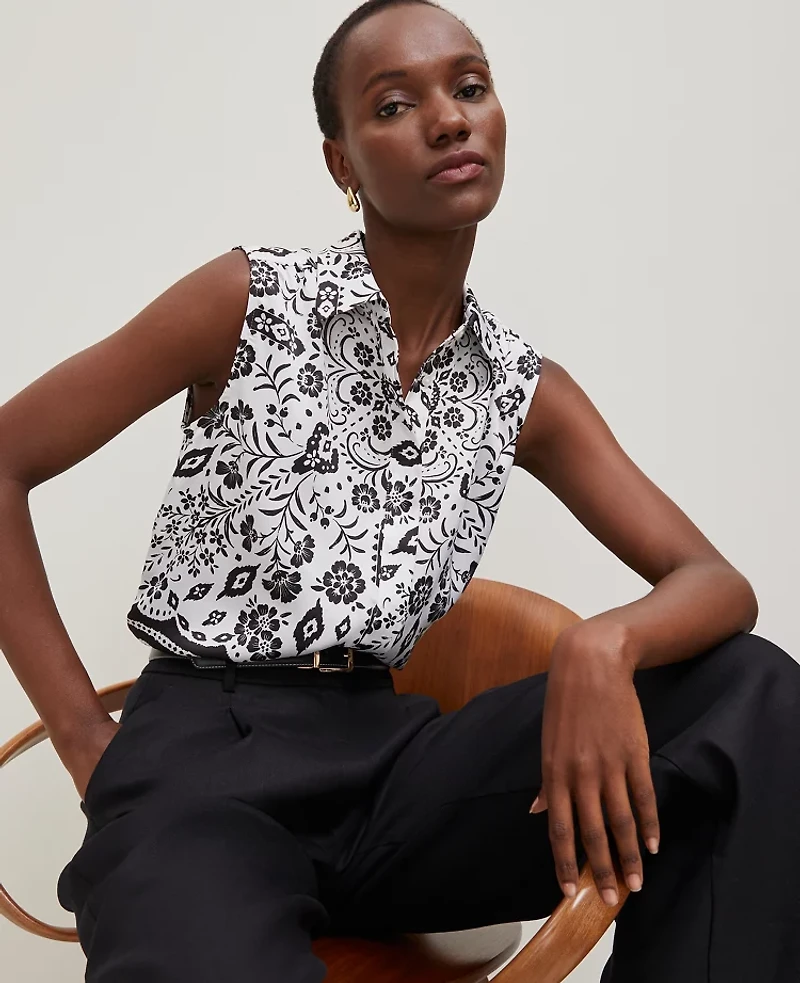 Ann Taylor Petite Tiled Shirred Sleeveless Shirt Black Women's
